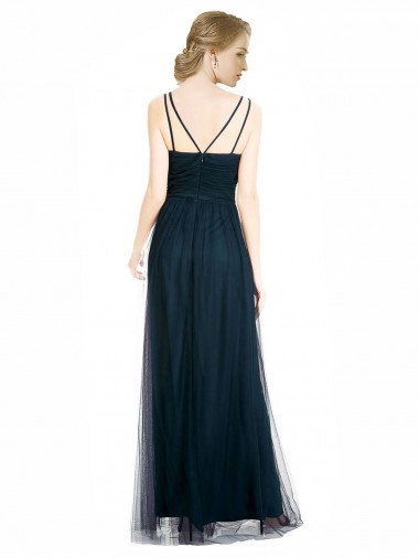Azul 7 línea A Cuello en V Tul Largo Vestidos de dama de honor