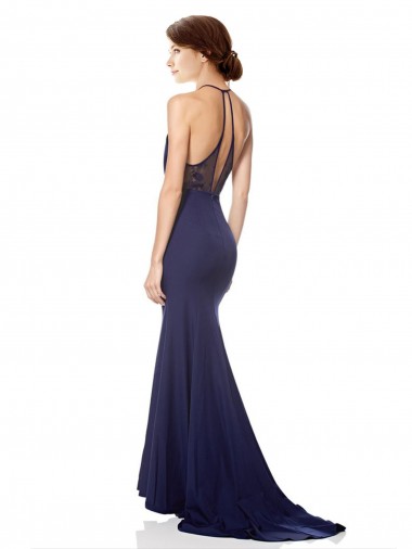 Azul Marino Sirena Halter Cuello Alto Crepé Elástico Largo Formales Vestidos de dama de honor / Vestidos de fiesta