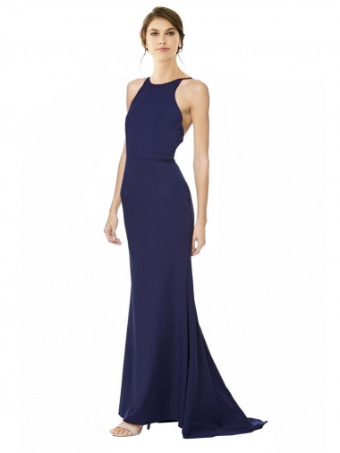 Azul Marino Sirena Halter Cuello Alto Crepé Elástico Largo Formales Vestidos de dama de honor / Vestidos de fiesta Asequibles