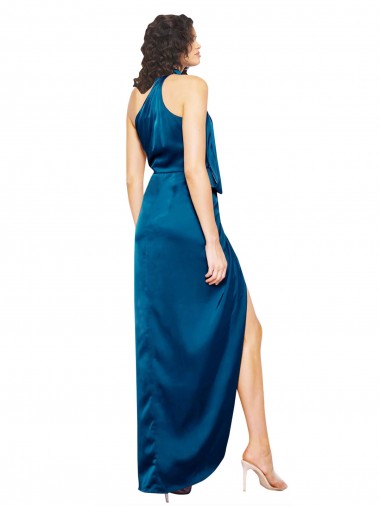 Azul Verde pavo real Cubierta Halter Cuello Alto Satén sedoso Largo Formales Vestidos de dama de honor / Vestidos de fiesta