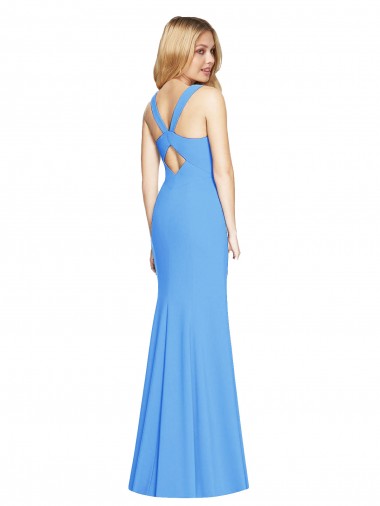 Azul Verde pavo real Trompeta Cuello en V Crepé Elástico Largo Vestidos de dama de honor / Vestidos de fiesta