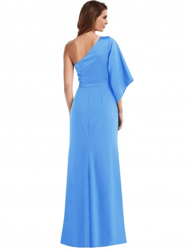 Azul Verde pavo real Trompeta Un Hombre Crepé Elástico Largo Vestidos de dama de honor / Vestidos de fiesta
