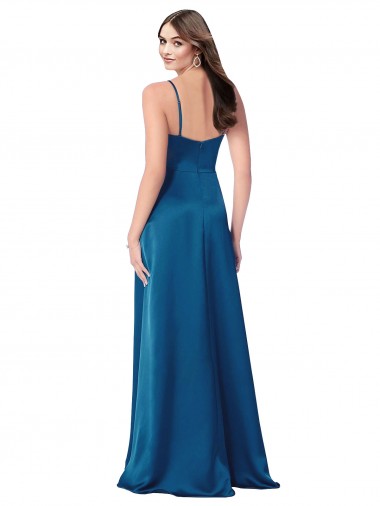 Azul Verde pavo real línea A Tirantes espagueti Satén sedoso Largo Formales Vestidos de dama de honor / Vestidos de fiesta