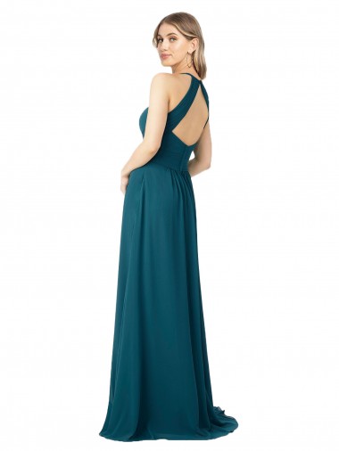 Azul Windsor línea A Cuello Alto Gasa Largo Vestidos de dama de honor