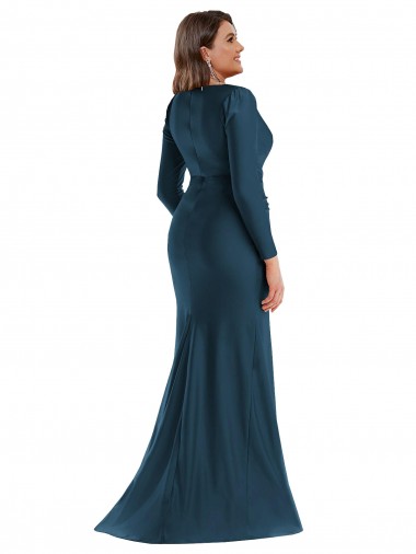 Azul atlántico Sirena Cuello en V Satén sedoso Largo Formales Vestidos de dama de honor / Vestidos de fiesta