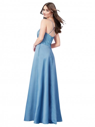 Azul cielo Cubierta Tirantes espagueti Cuadrado Satén Largo Formales Vestidos de dama de honor / Vestidos de fiesta