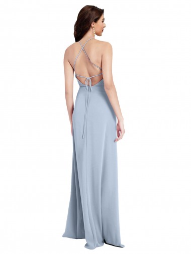 Azul cielo claro Cubierta Halter Cuello Alto Crepé Elástico Largo Formales Vestidos de dama de honor / Vestidos de fiesta
