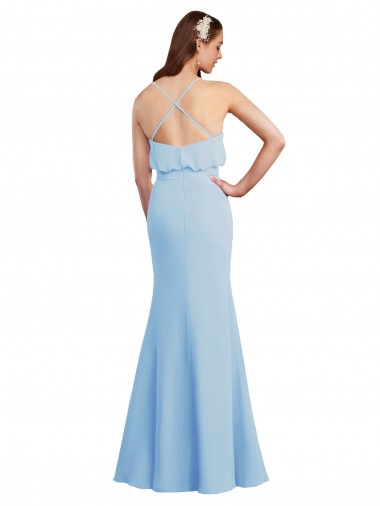 Azul cielo claro Sirena Tirantes espagueti Cuello en V Gasa Largo Vestidos de dama de honor