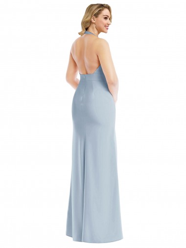 Azul cielo claro Trompeta Halter Crepé Elástico Largo Vestidos de dama de honor / Vestidos de fiesta
