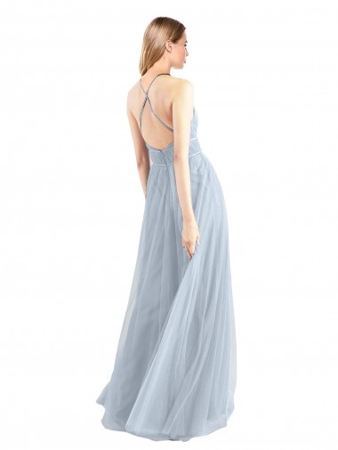 Azul cielo claro línea A Halter Tul Largo Vestidos de dama de honor