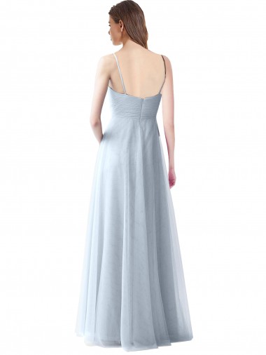 Azul cielo claro línea A Tirantes espagueti Cuello en V Tul Largo Vestidos de dama de honor