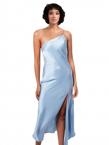 Azul cielo claro línea A Un Hombre Midi Satén sedoso Corto Formales Vestidos de dama de honor / Vestidos de fiesta / Vestidos de cóctel Asequibles