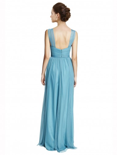 Azul cielo línea A Tirantes espagueti Halter Cuello en V Tul Largo Vestidos de dama de honor