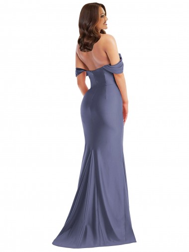 Azul francés Sirena Hombros Descubiertos Satén sedoso Largo Formales Vestidos de dama de honor / Vestidos de fiesta