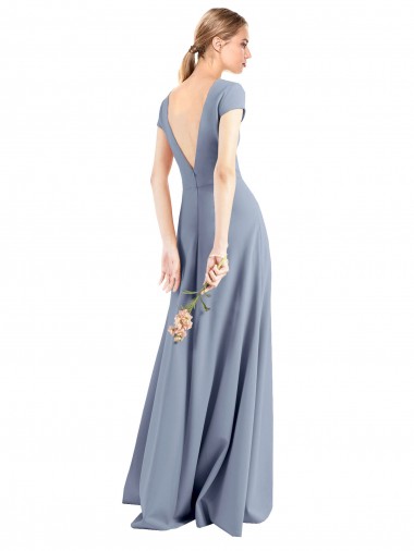 Azul humo Cubierta Cuello en V Cuello Alto Crepé Elástico Largo Vestidos de dama de honor / Vestidos de fiesta