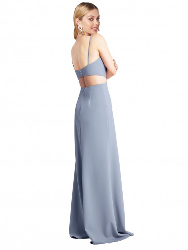 Azul humo línea A Tirantes espagueti Cucharón Crepé Elástico Largo Vestidos de dama de honor / Vestidos de fiesta