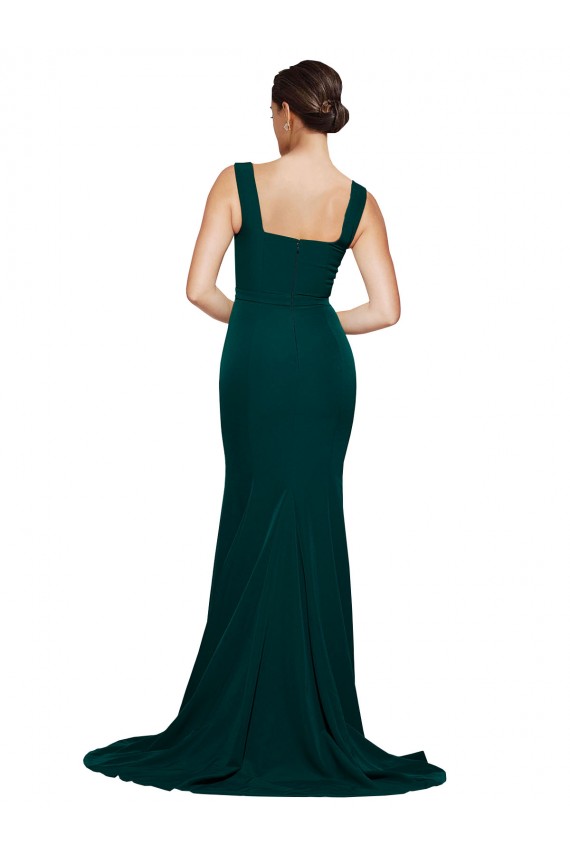 Verde Midnight Cubierta Cuadrado Barrer tren Crepé Elástico Largo Vestidos de dama de honor / Vestidos de fiesta Asequibles