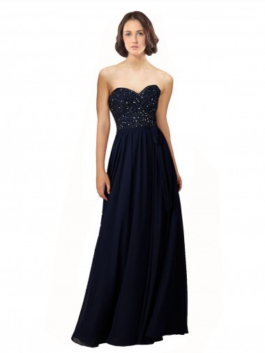 Azul marina oscuro Cubierta Cuello de Corazón Gasa Largo Vestidos de dama de honor Asequibles