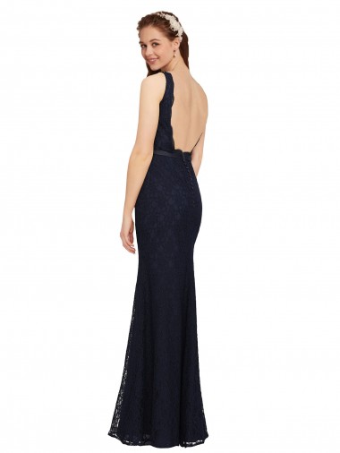 Azul marina oscuro Cubierta Cuello en V Encaje Largo Vestidos de dama de honor