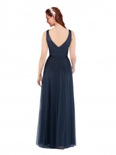 Azul marina oscuro Cubierta Cuello en V Tul Largo Vestidos de dama de honor