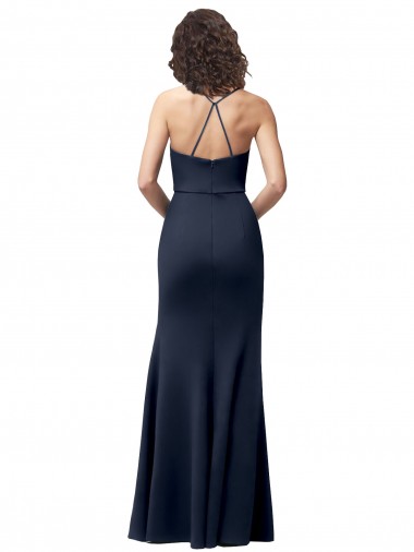 Azul marina oscuro Cubierta Tirantes espagueti Crepé Elástico Largo Formales Vestidos de dama de honor / Vestidos de fiesta