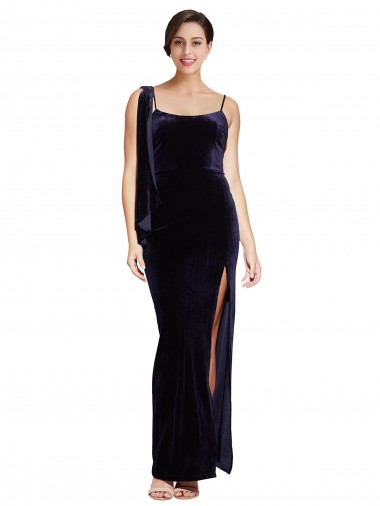 Azul marina oscuro Cubierta Tirantes espagueti Cuadrado Terciopelo Elástico Largo Formales Vestidos de dama de honor / Vestidos de fiesta Asequibles
