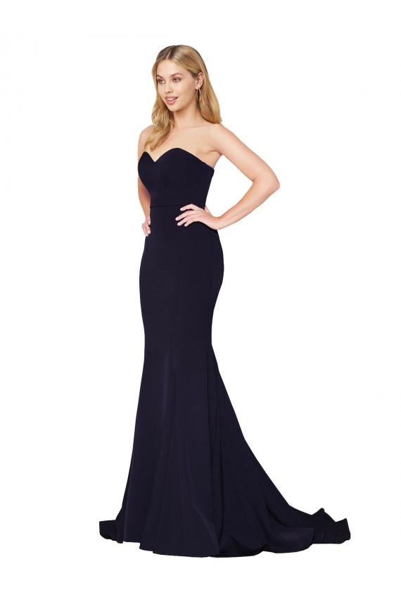 Azul marina oscuro Sirena Cuello Alto Barrer tren Crepé Elástico Largo Formales Vestidos de dama de honor / Vestidos de fiesta Asequibles