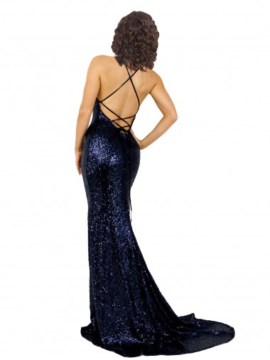 Azul marina oscuro Sirena Cuello en V Lentejuela Largo Formales Vestidos de dama de honor / Vestidos de fiesta