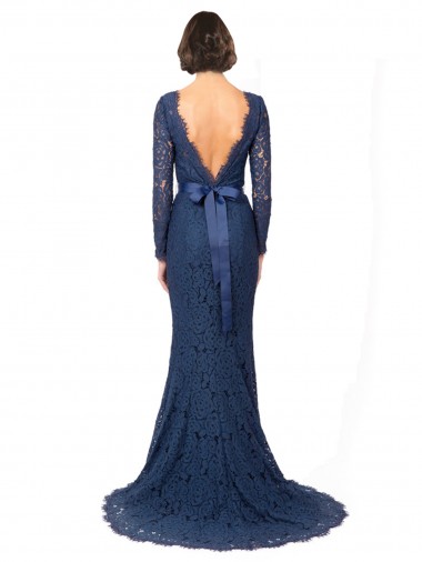 Azul marina oscuro Sirena Cuello joya Barrer tren Encaje Largo Vestidos de dama de honor