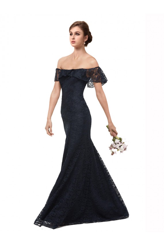 Azul marina oscuro Sirena Hombros Descubiertos Encaje Largo Vestidos de dama de honor / Vestidos de fiesta Asequibles