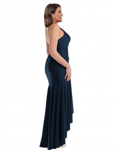 Azul marina oscuro Sirena Tirantes espagueti Satén sedoso Largo Asimétrico Formales Vestidos de dama de honor / Vestidos de fiesta