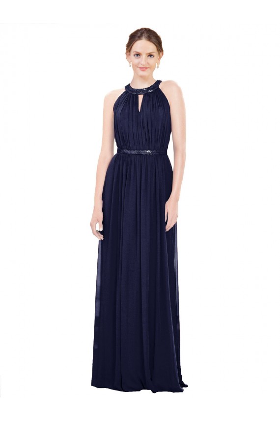 Azul marina oscuro línea A Cuello Alto Gasa Largo Vestidos de dama de honor Asequibles