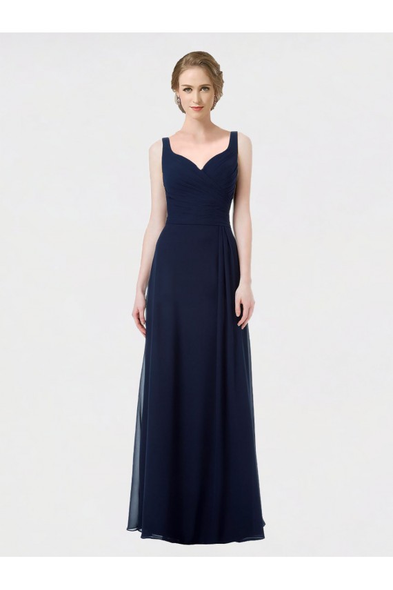 Azul marina oscuro línea A Cuello de Corazón Gasa Largo Vestidos de dama de honor Asequibles