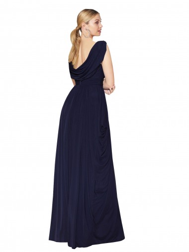 Azul marina oscuro línea A Cuello en V Cuello Alto Gasa Largo Formales Vestidos de dama de honor / Vestidos de fiesta