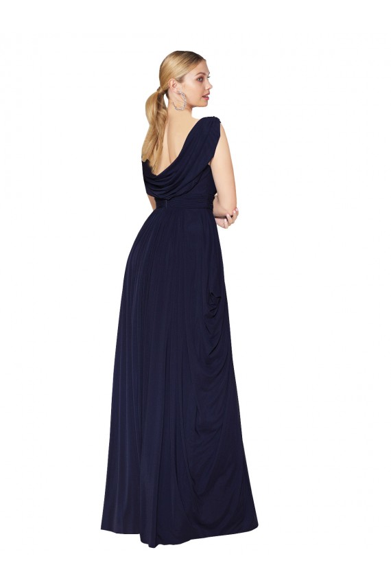 Azul marina oscuro línea A Cuello en V Cuello Alto Gasa Largo Formales Vestidos de dama de honor / Vestidos de fiesta Asequibles