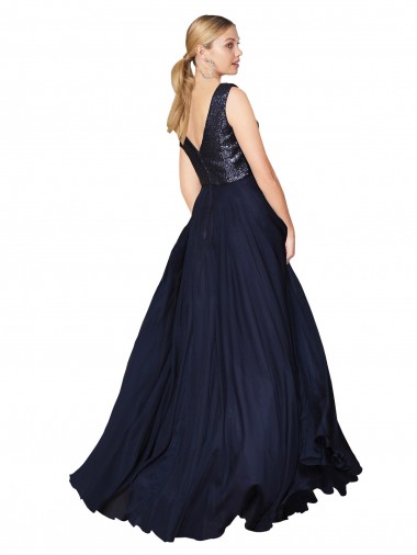 Azul marina oscuro línea A Cuello en V Cuello Alto Gasa Lentejuela Largo Vestidos de dama de honor / Vestidos de fiesta
