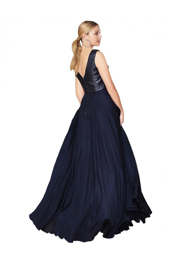Azul marina oscuro línea A Cuello en V Cuello Alto Gasa Lentejuela Largo Vestidos de dama de honor / Vestidos de fiesta Asequibles