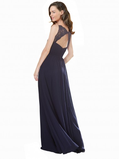 Azul marina oscuro línea A Cuello en V Gasa Encaje Largo Vestidos de dama de honor