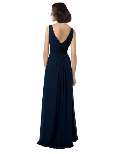 Azul marina oscuro línea A Cuello en V Gasa Largo Vestidos de dama de honor