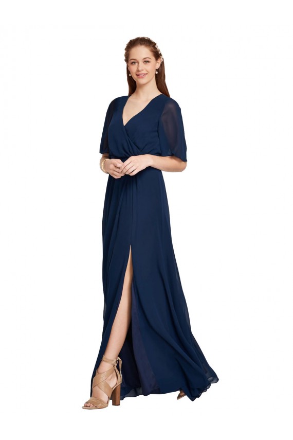Azul marina oscuro línea A Cuello en V Gasa Largo Vestidos de dama de honor Asequibles