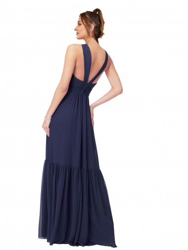Azul marina oscuro línea A Cuello en V Gasa Largo Vestidos de dama de honor