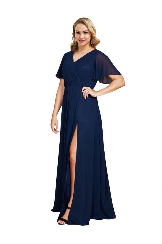 Azul marina oscuro línea A Cuello en V Gasa Largo Formales Vestidos de dama de honor / Vestidos de fiesta Asequibles
