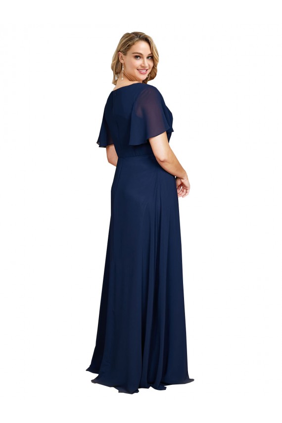Azul marina oscuro línea A Cuello en V Gasa Largo Formales Vestidos de dama de honor / Vestidos de fiesta Asequibles