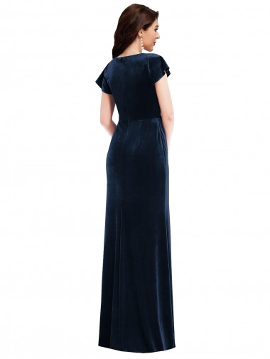 Azul marina oscuro línea A Cuello en V Terciopelo Elástico Largo Formales Vestidos de dama de honor / Vestidos de fiesta
