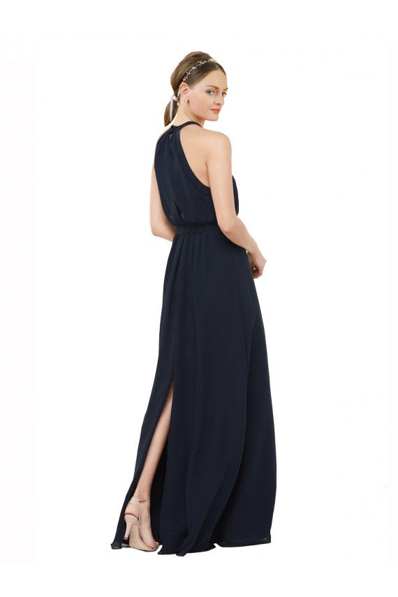 Azul marina oscuro línea A Halter Cuello Alto Gasa Largo Vestidos de dama de honor Asequibles
