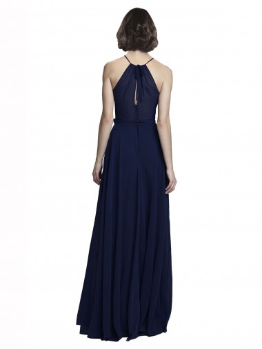 Azul marina oscuro línea A Halter Cuello Alto Gasa Largo Vestidos de dama de honor