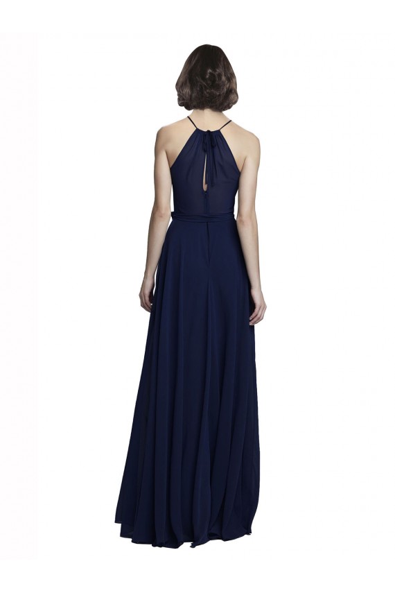 Azul marina oscuro línea A Halter Cuello Alto Gasa Largo Vestidos de dama de honor Asequibles