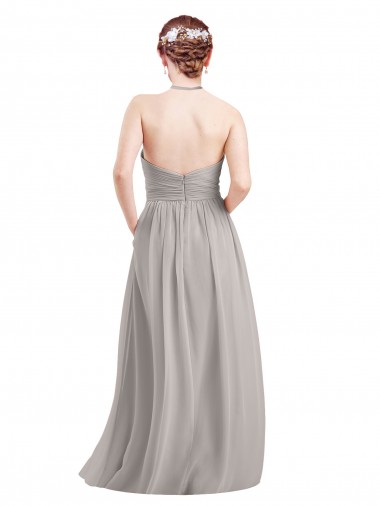 Azul marina oscuro línea A Halter Cuello Alto Gasa Largo Vestidos de dama de honor
