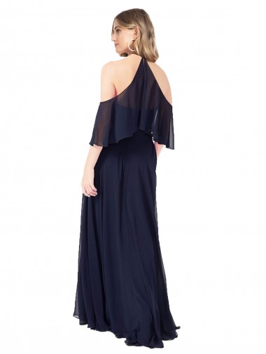 Azul marina oscuro línea A Halter Cuello Alto Gasa Largo Vestidos de dama de honor