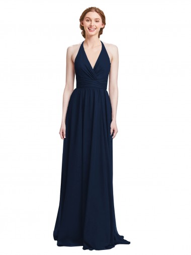 Azul marina oscuro línea A Halter Cuello en V Gasa Largo Vestidos de dama de honor Asequibles